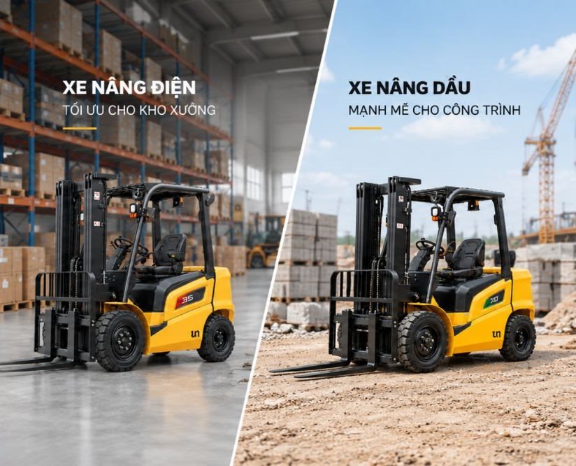 Xe nâng điện tối ưu cho kho xưởng và xe nâng dầu mạnh mẽ cho công trình
